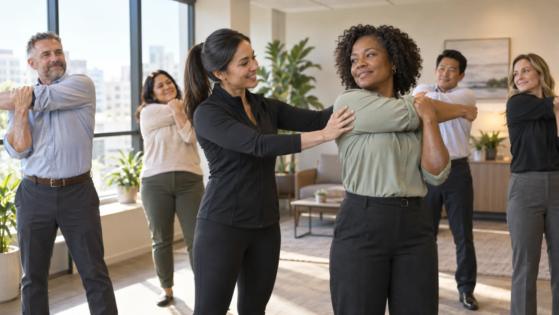 A racially diverse workplace team participating in an accessible guided stretch