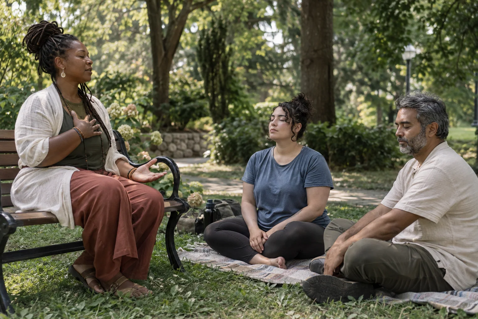 A calm guided meditation in a shaded park